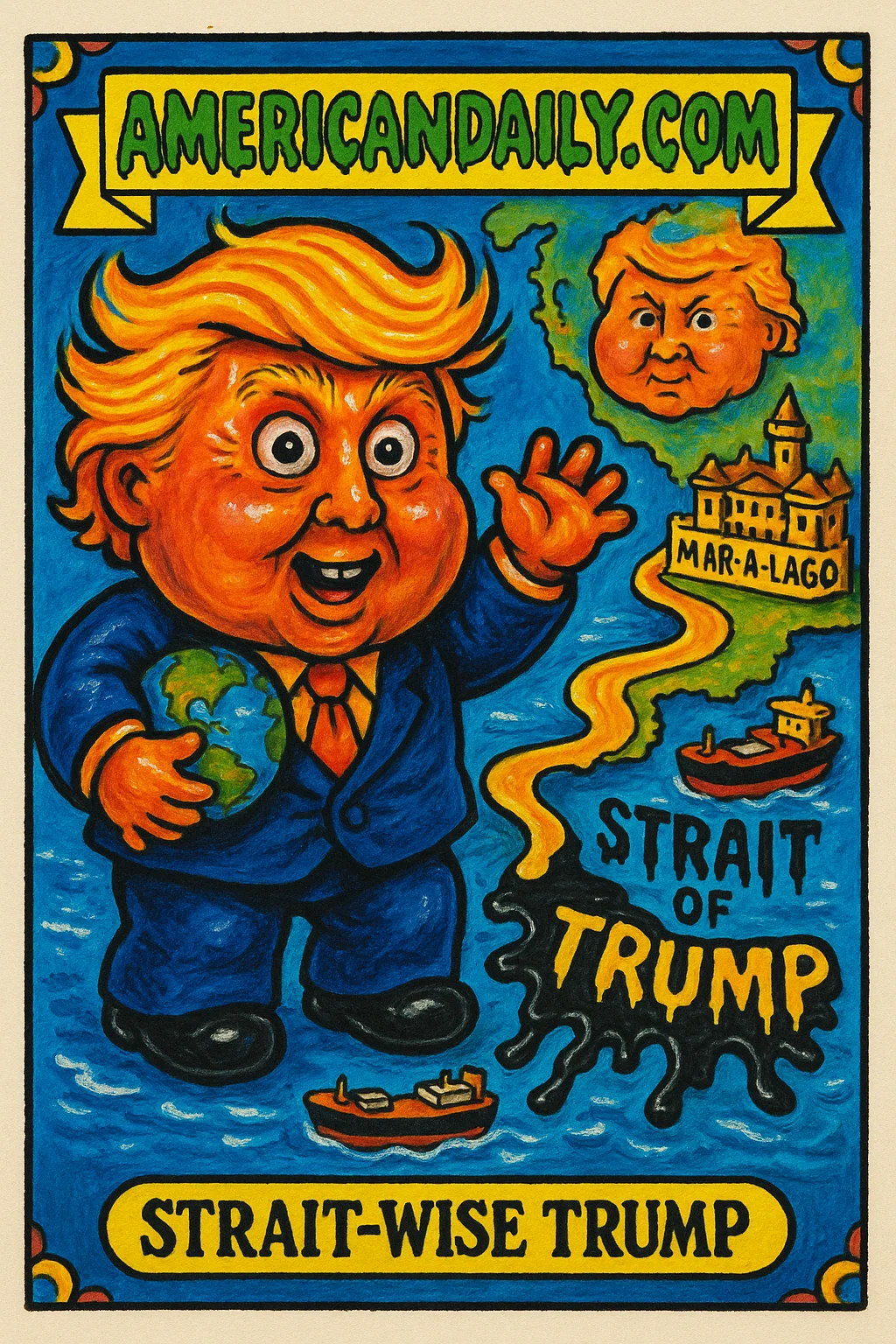 Grinning Trump caricature with oversized head near Strait of Hormuz, labeled 'Strait of Trump' in oil slick; gold Mar-a-Lago nearby.