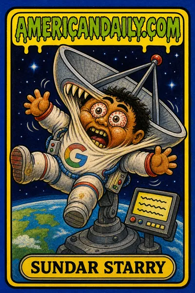 A grotesque cartoon kid in a tiny astronaut suit floats above Earth, being swallowed by a giant satellite dish while a small screen displays poem-like lines. The kid has greasy hair and bulging, bloodshot eyes; the card is framed like a retro trading card.