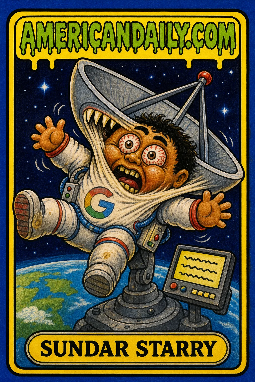 A grotesque cartoon kid in a tiny astronaut suit floats above Earth, being swallowed by a giant satellite dish while a small screen displays poem-like lines. The kid has greasy hair and bulging, bloodshot eyes; the card is framed like a retro trading card.