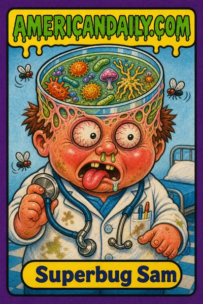 A Garbage Pail Kids-style healthcare-worker child with bloodshot eyes and flies has an oversized head transforming into a Petri dish covered in cartoon bacteria and fungi, against a pale-blue hospital background.