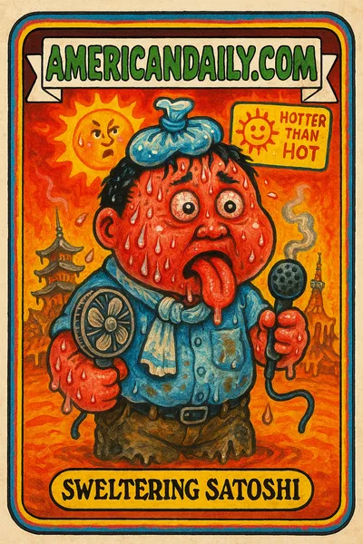 Garbage Pail Kids-style card featuring 'Sweltering Satoshi,' a grotesquely exaggerated weather reporter melting under extreme heat in Japan.