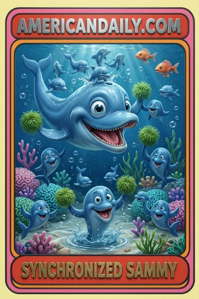 A grotesque sperm whale with exaggerated features juggling whale calves, surrounded by cheering sea life, in a colorful underwater setting. — 3D version