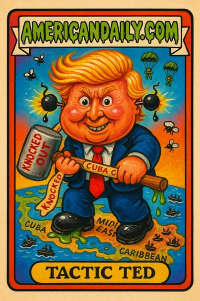 Caricature of Trump as 'Tactic Ted' with cartoonish elements, holding a mallet, dizzy world map, slime effects, and buzzing flies.
