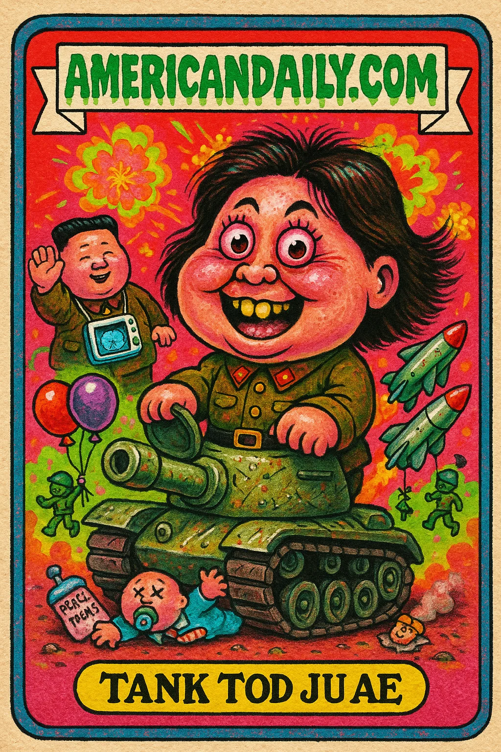 Kim Jong Un's daughter driving a tank in a chaotic, colorful scene with exaggerated features in Garbage Pail Kids style.