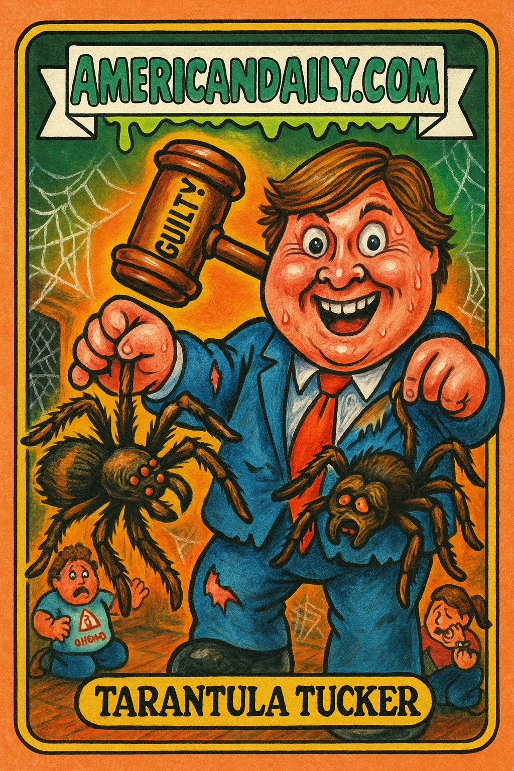 A hilarious trading card depicting a crazed political candidate holding a giant tarantula, with tenants ducking in a spider-infested Airbnb.