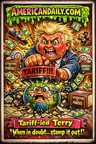 Grotesque cartoon of a wild-eyed politician smashing the globe with a giant tariff stamp inside the Supreme Court while judges dodge flying dollar bills under a slime-dripping AMERICANDAILY.COM banner.
