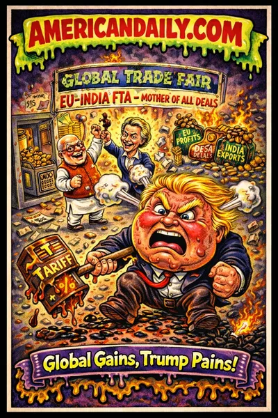 Garbage Pail Kids-style cartoon of Donald Trump throwing a tantrum over the EU-India free-trade deal while Modi and von der Leyen celebrate.