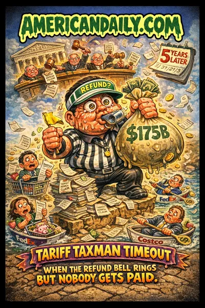 Cartoon trading card showing a goofy referee with a giant money bag and confused consumers and businesses, symbolizing uncertainty over tariff refunds.