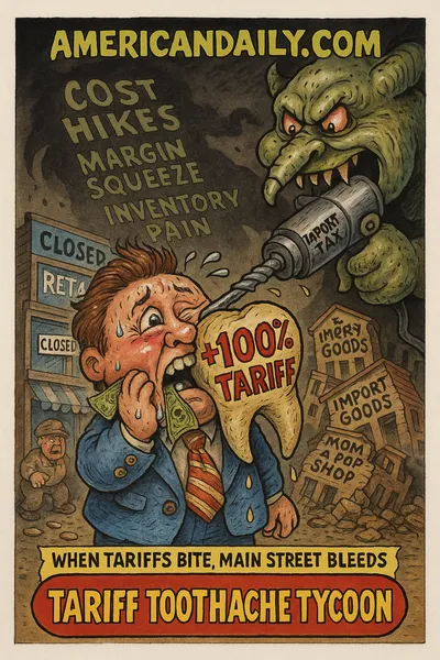Parody trading card: a small business owner grimaces with a giant "+100% Tariff" tooth in their jaw while a "Tariff Beast" drills into it. Behind them, small shops collapse. Words like "Cost Hikes" and "Margin Squeeze" float in shadow. Top banner reads "AMERICANDAILY.COM."