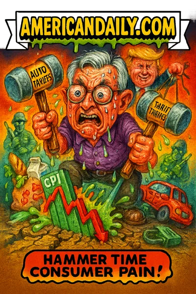 Cartoon parody of Jerome Powell sweating and wielding tariff hammers hitting a melting CPI graph; Trump puppeteer in the background. Banner 'AMERICANDAILY.COM', caption 'Hammer Time Consumer Pain!