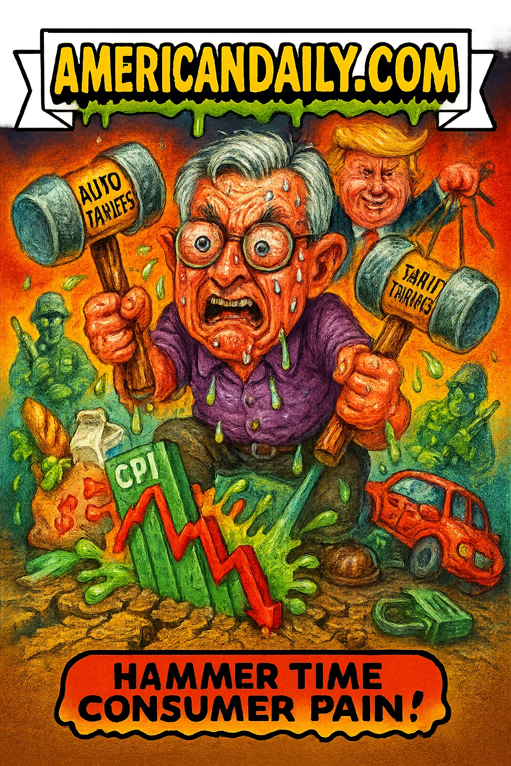 Cartoon parody of Jerome Powell sweating and wielding tariff hammers hitting a melting CPI graph; Trump puppeteer in the background. Banner 'AMERICANDAILY.COM', caption 'Hammer Time Consumer Pain!