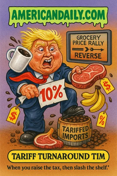 Cartoon trading card showing "Tariff Turnaround Tim," a caricature of Trump pulling off a big "10%" tax sticker from a barrel of coffee beans and bananas labelled "TARIFFED IMPORTS," juggling a steak, coffee mug and bananas; background shows a scoreboard reading "GROCERY PRICE RALLY → REVERSE," top banner says "AMERICANDAILY.COM," bottom nameplate "TARIFF TURNAROUND TIM" and caption "When you raise the tax, then slash the shelf."