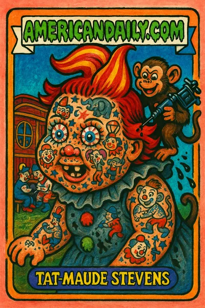 Grotesque cartoon of Tat-Maude Stevens with circus-themed tattoos, messy hair, and grimy clown costume in a circus setting.