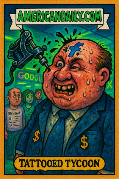 A grotesque tech mogul with an inflated head being tattooed on the forehead by a giant tattoo gun, surrounded by tattooed job seekers.