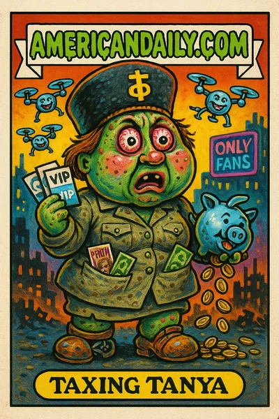 Grotesque character 'Taxing Tanya' in a tight military uniform with OnlyFans cards and a drone piggy bank, set against a city skyline with neon signs.