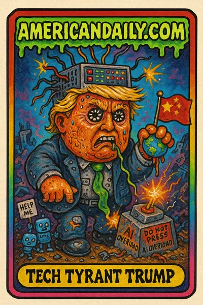 Grotesque Trump with AI server head, crushing globe, holding melting flag, surrounded by tech chaos.