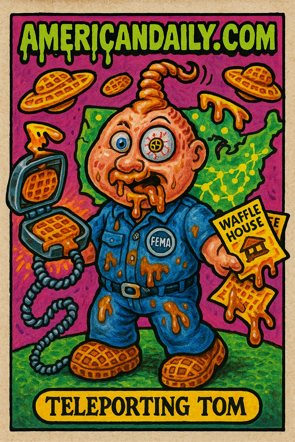 A grotesque FEMA official with a corkscrew head, mismatched eyes, drooling syrup. Holding waffle iron and menus. Waffles orbit like UFOs. Neon map background.