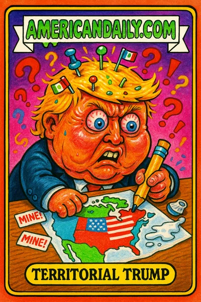 A grotesque caricature of Trump with a massive head, wild hair, and a crayon, drawing American flags over a map featuring Canada, Greenland, and Mexico.
