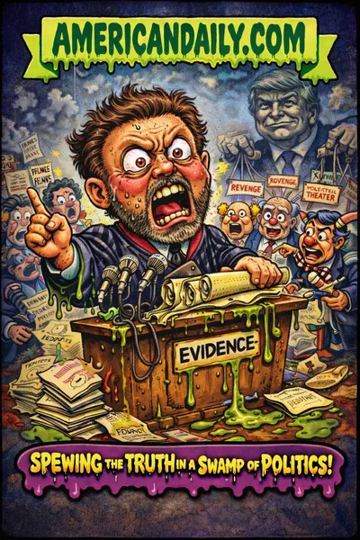 Grotesque cartoon prosecutor testifying at a chaotic congressional hearing with melting evidence and puppet-like lawmakers.