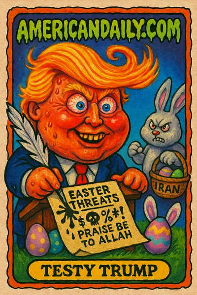 A grotesque caricature of Donald Trump with a tornado-like comb-over holds a giant quill, surrounded by profane cartoons, an irate Easter Bunny, and a podium with eggs.