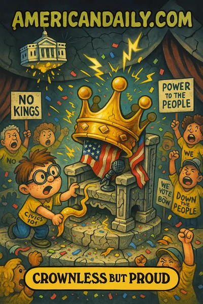 Parody trading card showing an empty golden crown on a cracked throne surrounded by protesters waving "NO KINGS" signs, one child pulling at the crown. Top reads "AMERICANDAILY.COM." Bottom caption: "CROWNLESS BUT PROUD."