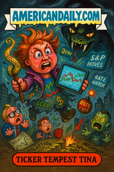 Cartoon parody: a monstrous whirlwind of tickers, charts, and alerts called "Market Tempest," ridden by "Ticker Tempest Tina" holding a tablet. Below, traders dodge falling candlesticks and red/green arrows. Skyline of trading floors cracks behind. Top banner: "AMERICANDAILY.COM."