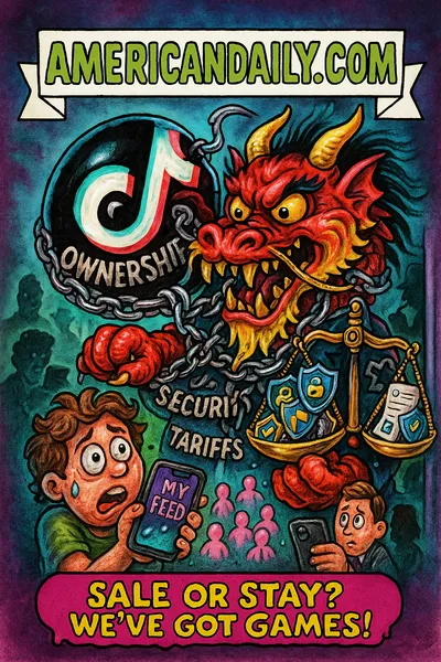 Cartoon hybrid creature half TikTok logo half Chinese dragon chained, holding scale of users vs security, banner AMERICANDAILY.COM, caption Sale or Stay? We've Got Games!