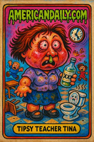 A chaotic scene of a tipsy, grotesque teacher with a water bottle labeled 'XXX', wild eyes, and chaotic class running amok.