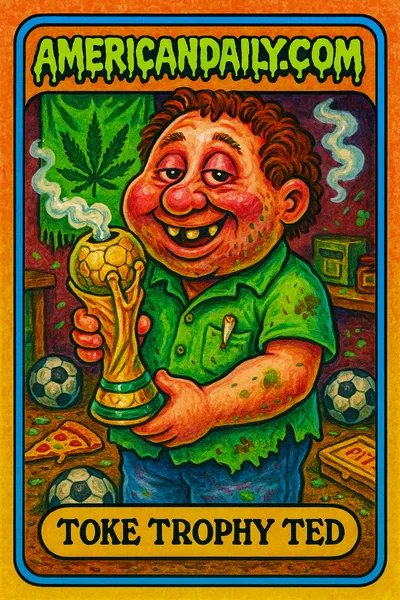 A grotesque pot shop clerk with a bong resembling the World Cup trophy, amidst a chaotic backdrop of cluttered soccer balls and smoke.