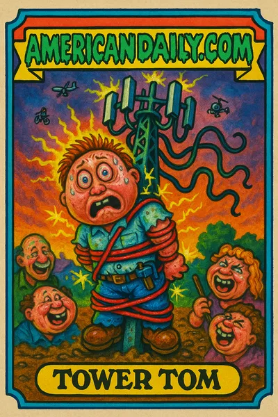 A grotesque cartoon of a panicked technician tied to a monstrous cell tower, with villagers laughing below and a sunlit sky in the background.