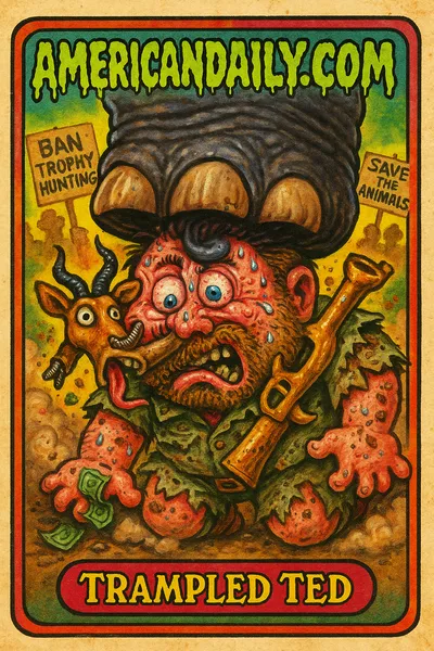 A grotesque cartoon of a big game hunter humorously squished under an elephant's foot. Ridiculously exaggerated features, chaotic safari scene.