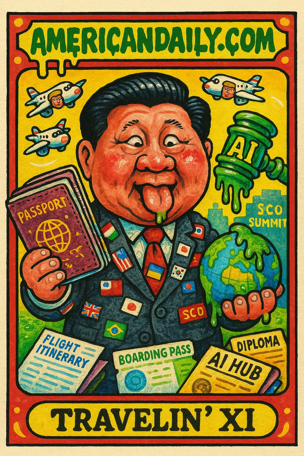 Xi Jinping as 'Travelin' Xi' with oversized head, cluttered with passports, orbiting Trump planes, in a satirical trading card.