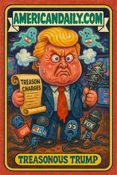 A grotesque Donald Trump with steam puffing from ears, holding scroll and barbed microphone. Terrified mics at feet with pixel ghosts swirling.