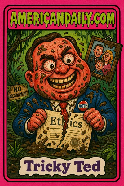 A cartoon politician is ripping an 'Ethics' document in a muddy swamp setting with a floating family portrait, chaotic jungle background.