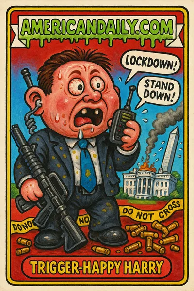 A grotesque Secret Service agent brandishes a large firearm and walkie-talkie, near a cartoonishly smoking White House and wobbling Washington Monument.