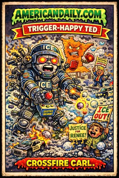 Cartoon Garbage Pail Kids-style illustration of an over-the-top ICE agent robot firing pepper balls at protesters, with police cars, snowballs, and a tiny Trump figure waving an "Insurrection Act!" flag.