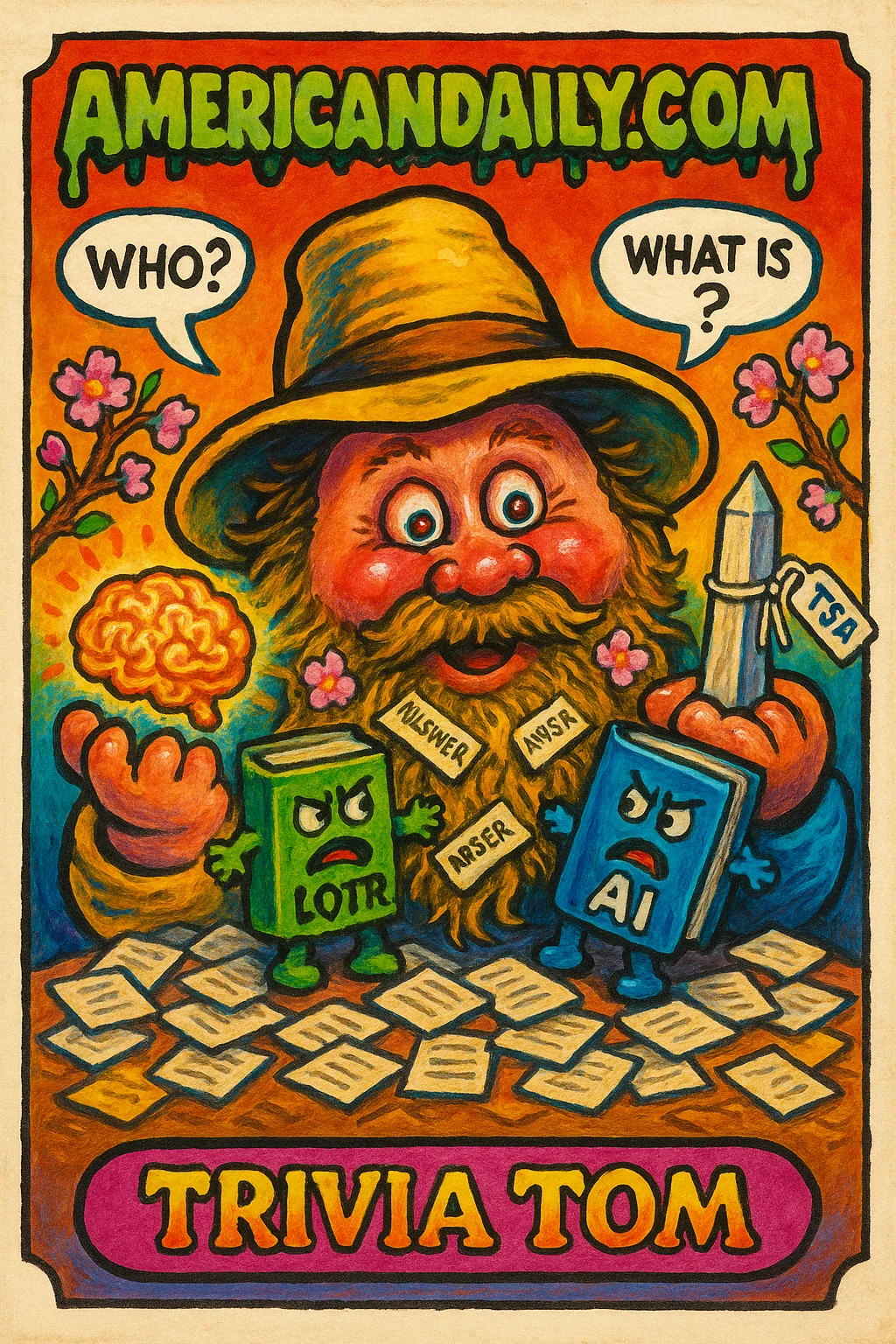 Trivia Tom card: a grotesque character in a chaotic mix of quiz cards, holding an AI brain and Washington Monument under cherry blossoms.