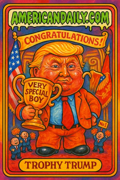 A parody trading card depicting Donald Trump with a huge, smug face, holding a gaudy 'Very Special Boy' trophy, and surrounded by cheering miniature Republicans.