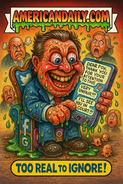 Caricature of Newsom laughing at phone, tweeting in all caps from a throne of social media icons. Enraged Fox News hosts react in background. Banner 'AMERICANDAILY.COM', caption 'Too Real to Ignore!'