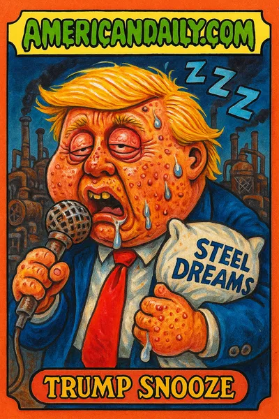 A grotesque caricature of Donald Trump sleeping at a podium with a steel girder as a mic, surrounded by cartoon steel plants and snooze imagery.