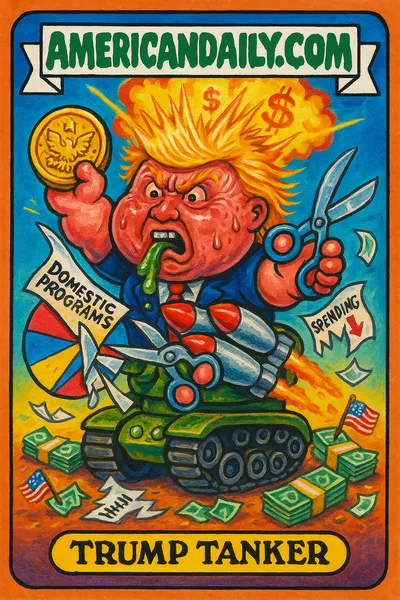 A grotesque caricature of Trump on a tank, waving a gold coin and cutting a domestic budget chart, surrounded by dollar signs and explosions.
