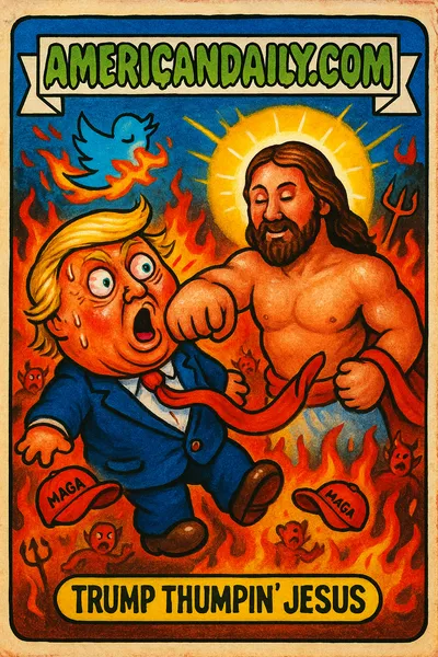 Grotesque Trump with bulging eyes being punched by massive Jesus with serene smile, set against a hellish background with flames and demons.