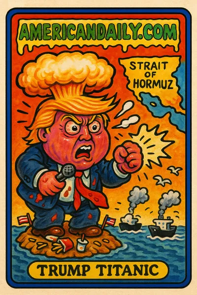Grotesque cartoon Trump with wild hair stands on island, angrily shaking fist at distorted Strait of Hormuz map, with speech bubbles and chaotic seascape.