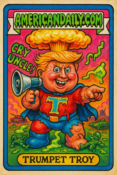 A grotesque cartoon of Trump with a huge pompadour and megaphone, surrounded by melted toy soldiers and tanks, demanding 'Cry Uncle!'