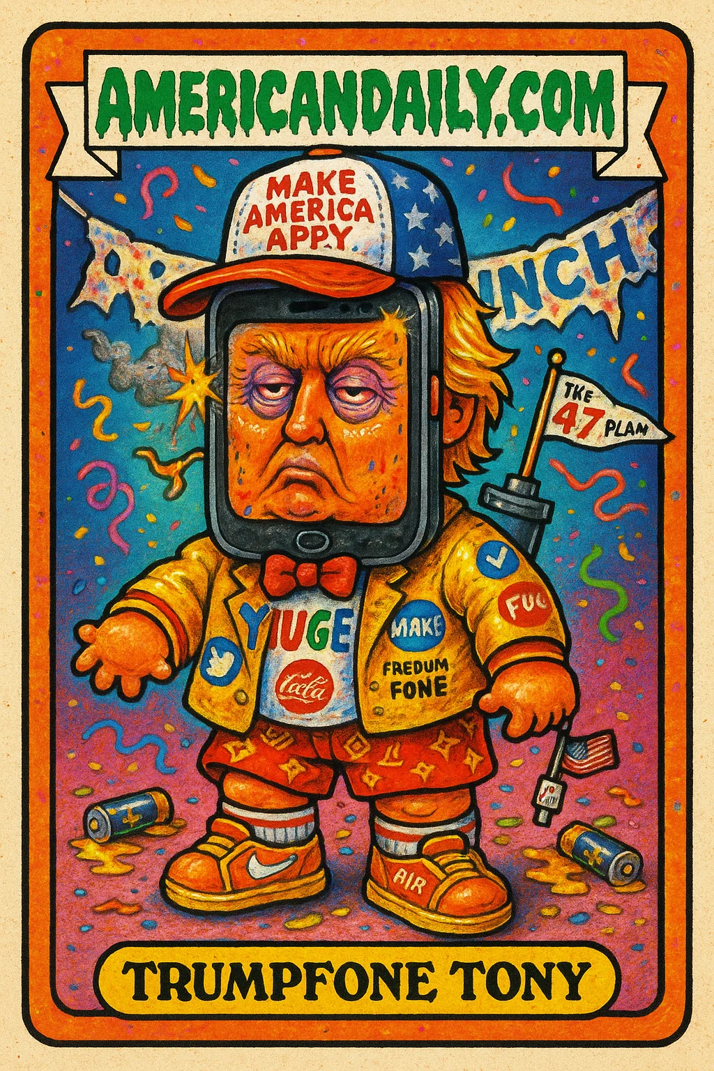 A grotesque card of 'Trumpfone Tony' with a phone head displaying Trump's face, malfunctioning sparks, and gaudy attire set amid a launch party fiasco.