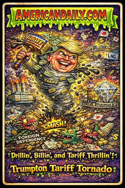 Cartoon tornado caricature of Trump smashing supply-chain monsters with a tariff hammer, surrounded by cartoon energy and minerals projects exploding out of the ground, satirical trading card scene.