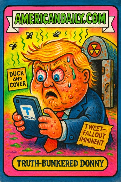 A grotesque caricature of Donald Trump, 'Truth-Bunkered Donny', with distorted features and a Truth Social phone against a ridiculous bunker backdrop.