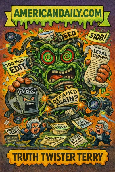 Cartoon trading card of a grotesque news-spin monster twisting tangled tapes and headlines into absurd shapes while tiny lawyers and reporters fly around, satirizing Trump's $10 billion defamation lawsuit against the BBC over a documentary edit.