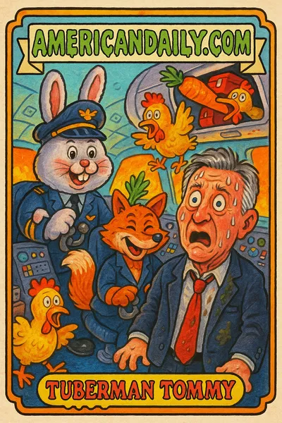 A trading card showing Senator Tuberville in a chaotic airplane with furry animal characters as crew members.