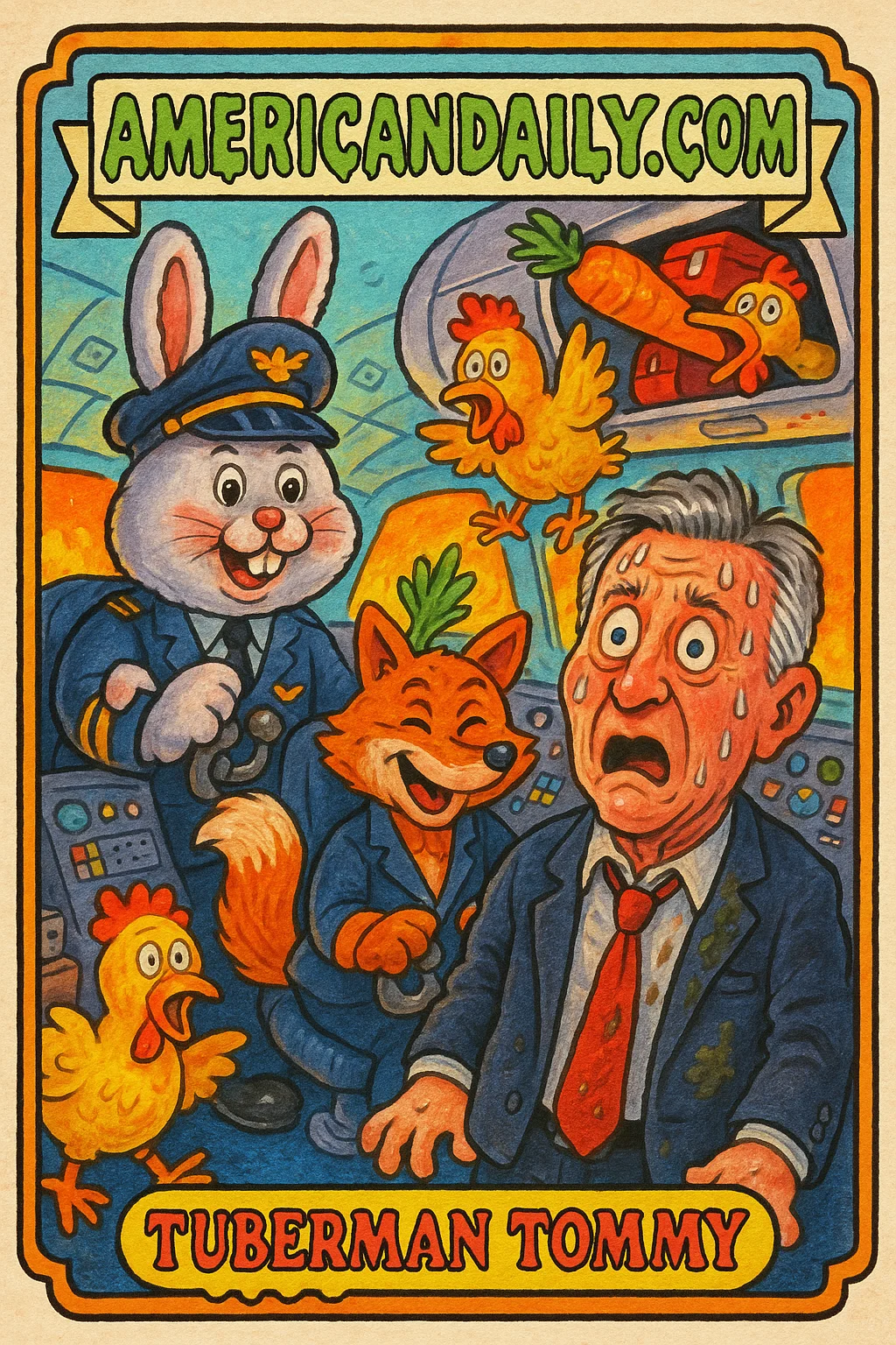 A trading card showing Senator Tuberville in a chaotic airplane with furry animal characters as crew members.